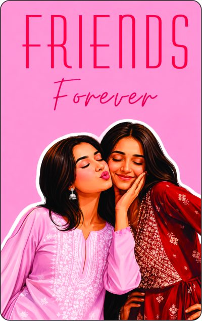 vertical front view of pastel pink hard plastic friends forever wallet card