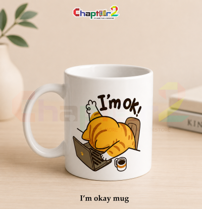 Customized funny cat coffee mug showing a tired orange tabby on a laptop with personalized text space