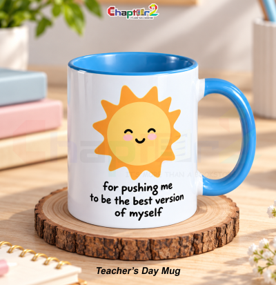 Teachers day mug showing wrap around cute sun plant and arrow artwork on blue two tone ceramic