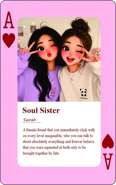 front view of blush pink ace of hearts soul sister hard plastic wallet card with illustrated best friends and definitionard plastic wallet card