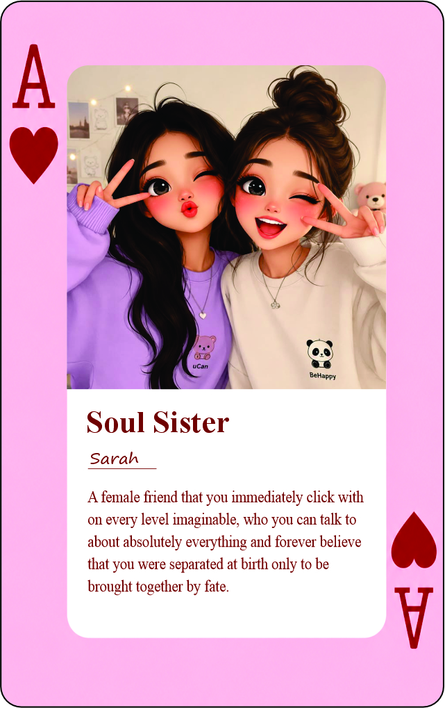 4b front view of blush pink ace of hearts soul sister hard plastic wallet card with illustrated best friends and definitionard plastic wallet card