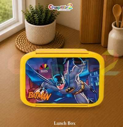 top view of closed yellow kids batman bento lunch box