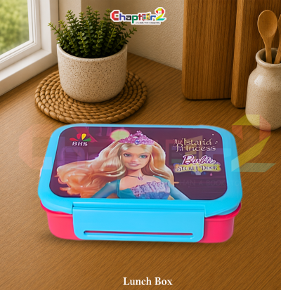 closed pink and blue kids barbie island princess bento lunch box