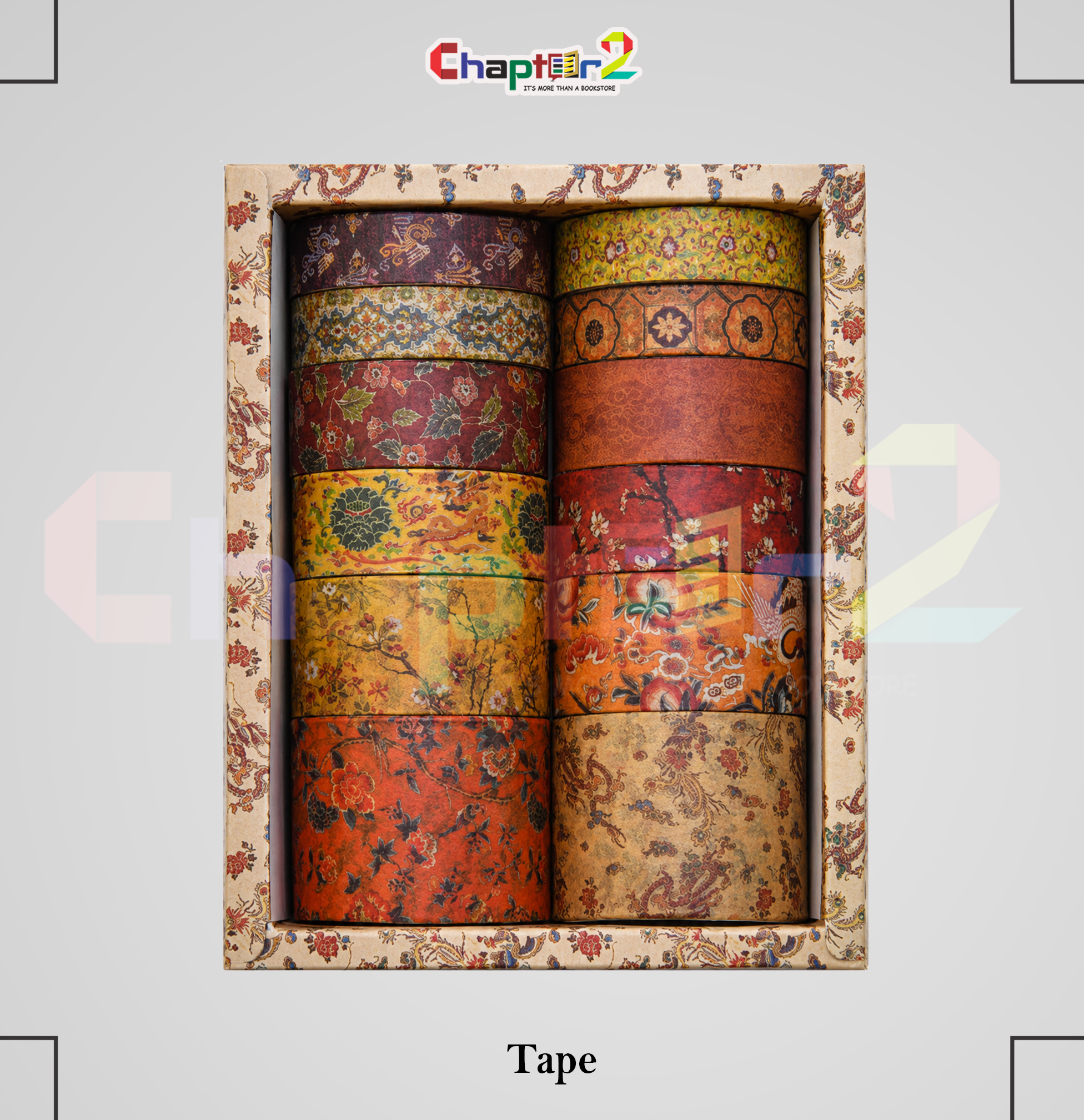 51045289 (2) Antique washi tape set 12 rolls boxed with vintage oriental floral and brocade patterns