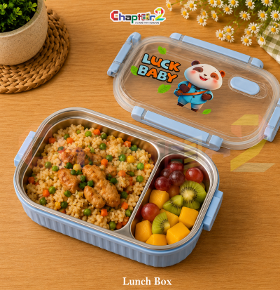 open pastel blue luck baby panda 2 compartment stainless steel bento lunch box