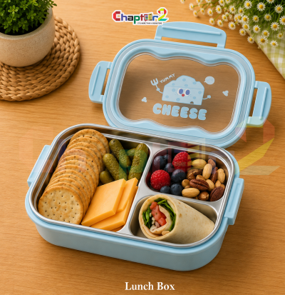 exploded view of sky blue cute yummy cheese bento lunch box