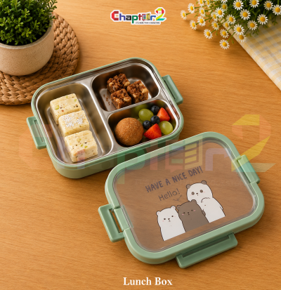 open sage green cute bears 3 compartment stainless steel bento lunch box