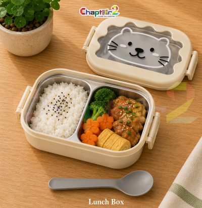 open cream cute cat 2 compartment stainless steel bento lunch box