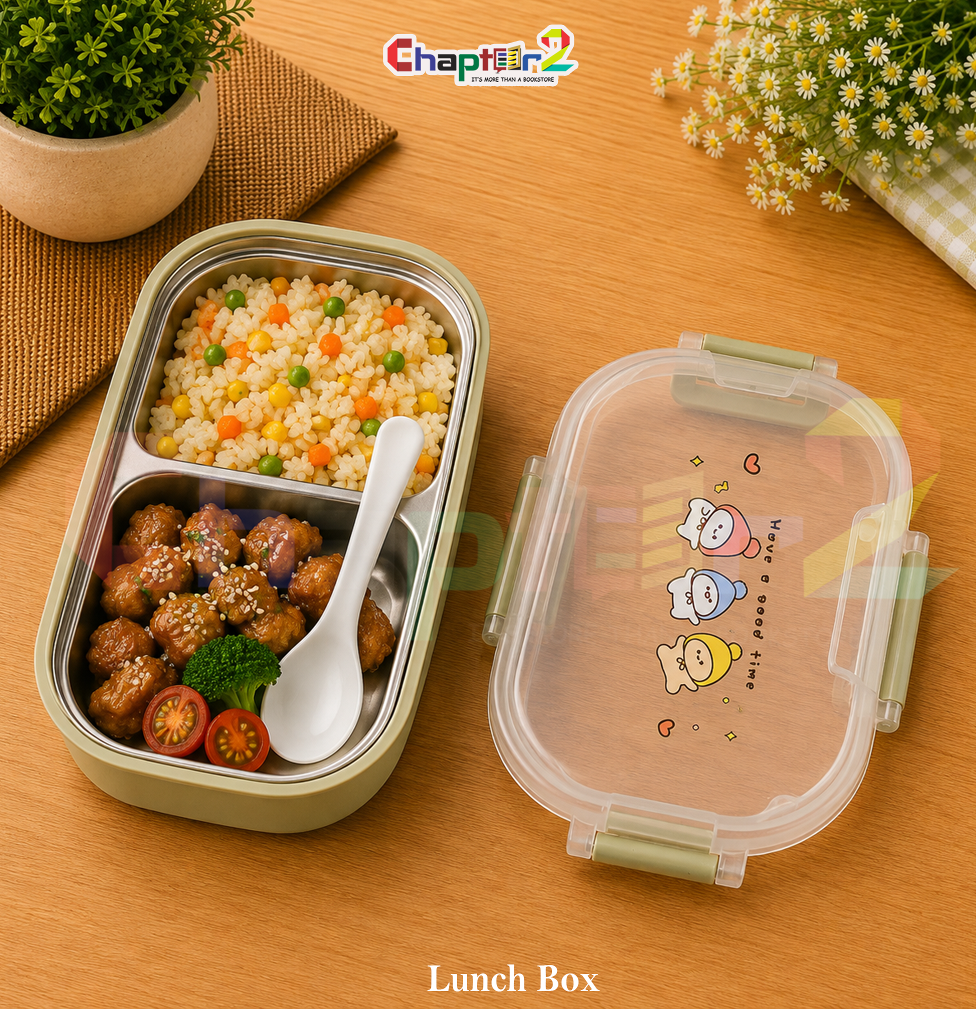 51065546 (2a) open sage green cute characters 2 compartment stainless steel bento lunch box