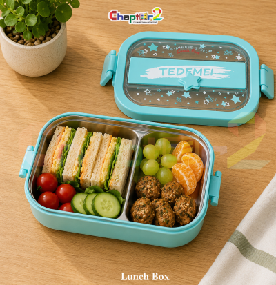 open cyan blue tedemei 2 compartment stainless steel bento lunch box