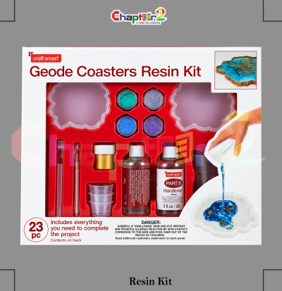 Craft Smart geode coaster resin kit with silicone molds, mica powders, and resin hardener bottles