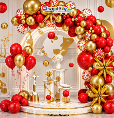 Red and gold balloon arch kit featuring gold starburst foil balloons and red confetti balloons