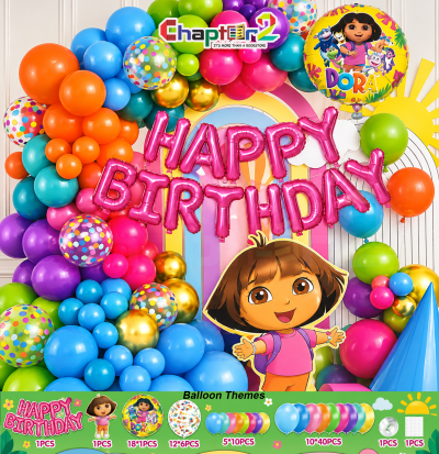Dora theme balloon arch party decoration kit with Dora character cutout, round foil balloon, pink letters, and colorful balloons