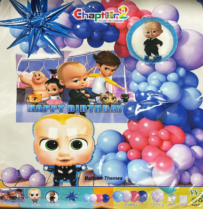 Boss Baby theme balloon arch party decoration kit with Boss Baby character foil balloon, starburst, backdrop, and blue pink balloons