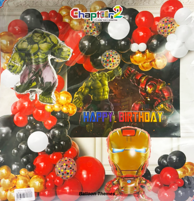 Superhero theme balloon arch party decoration kit with Hulk and Iron Man foil balloons, Avengers backdrop, and confetti balloons