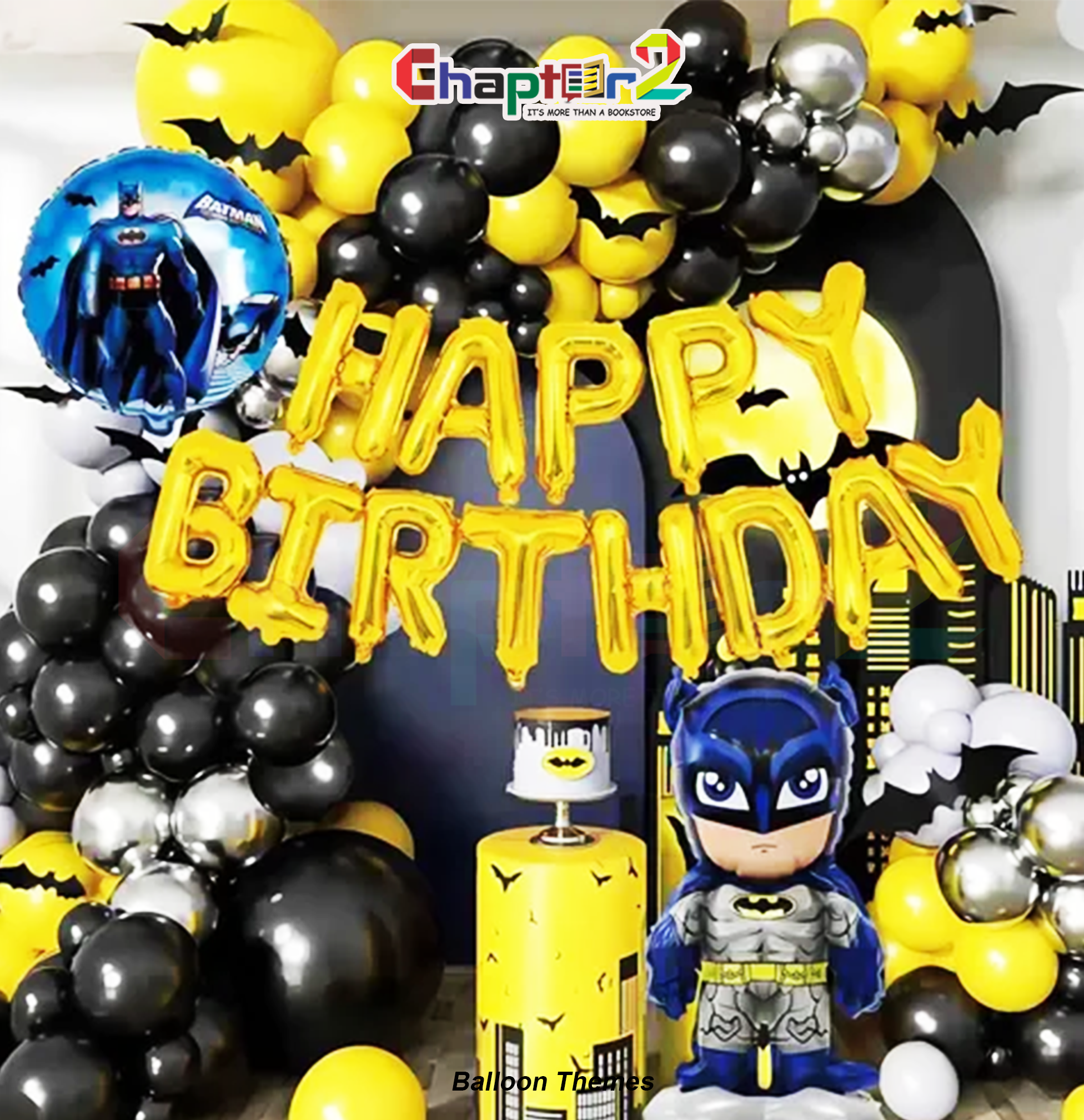 5401509a Superhero Batman theme balloon arch party decoration kit with Batman foil balloon, bat silhouettes, and birthday letters