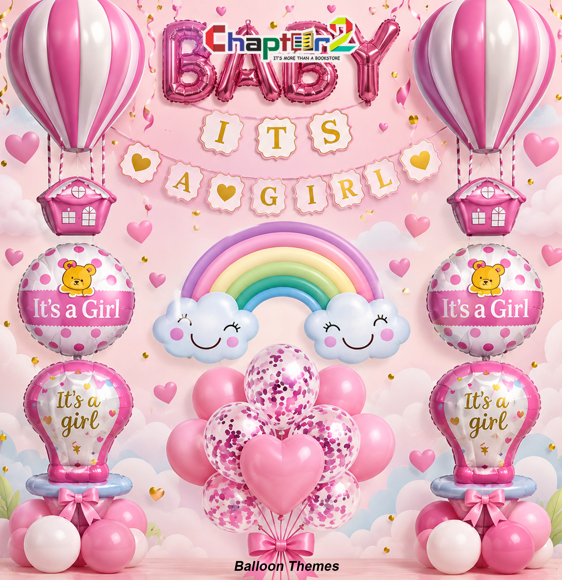 5401563a Its a girl balloon decoration baby shower kit with teddy bear, pacifier, and hot air balloon foil balloons