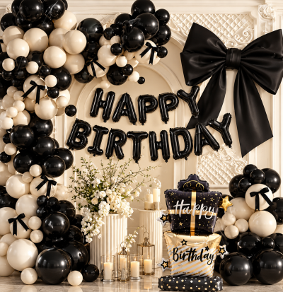 Black bow balloon arch birthday decoration kit with stacked gift box foil balloon, black ribbon bows, and birthday letters