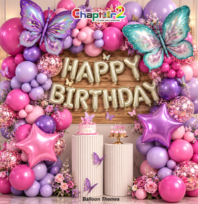 Butterfly balloon arch birthday decoration kit with iridescent butterfly foil balloons, star foils, and pink purple balloons