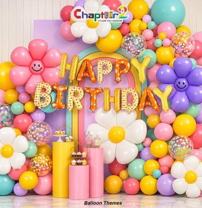 Daisy balloon arch kit with colorful smiling daisy flower foil balloons and Happy Birthday banner