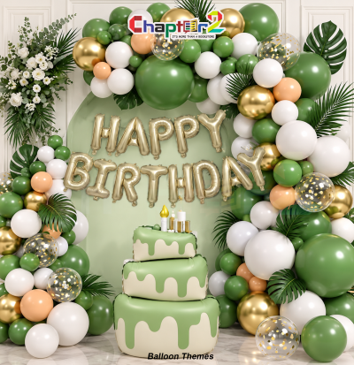 Birthday cake balloon arch decoration kit with green tiered cake foil balloon, silver letters, and jungle balloons