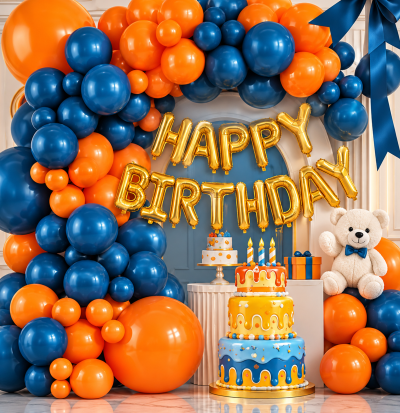 Cake theme balloon arch birthday decoration kit with 3-tier cake foil balloon, gold letters, and blue orange balloons