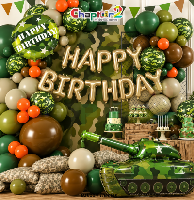Camo balloon arch military birthday decoration kit with green tank foil balloon, camouflage balloons, and banner