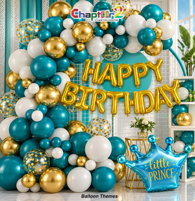 Little prince balloon arch birthday kit with teal blue crown foil balloon, gold Happy Birthday letters, and confetti balloons