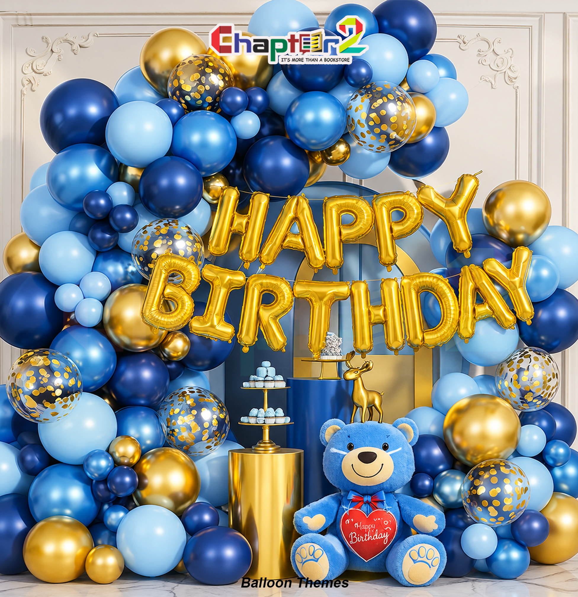 5401994a Teddy bear balloon arch kit with blue teddy bear foil balloon, gold Happy Birthday letters, and confetti