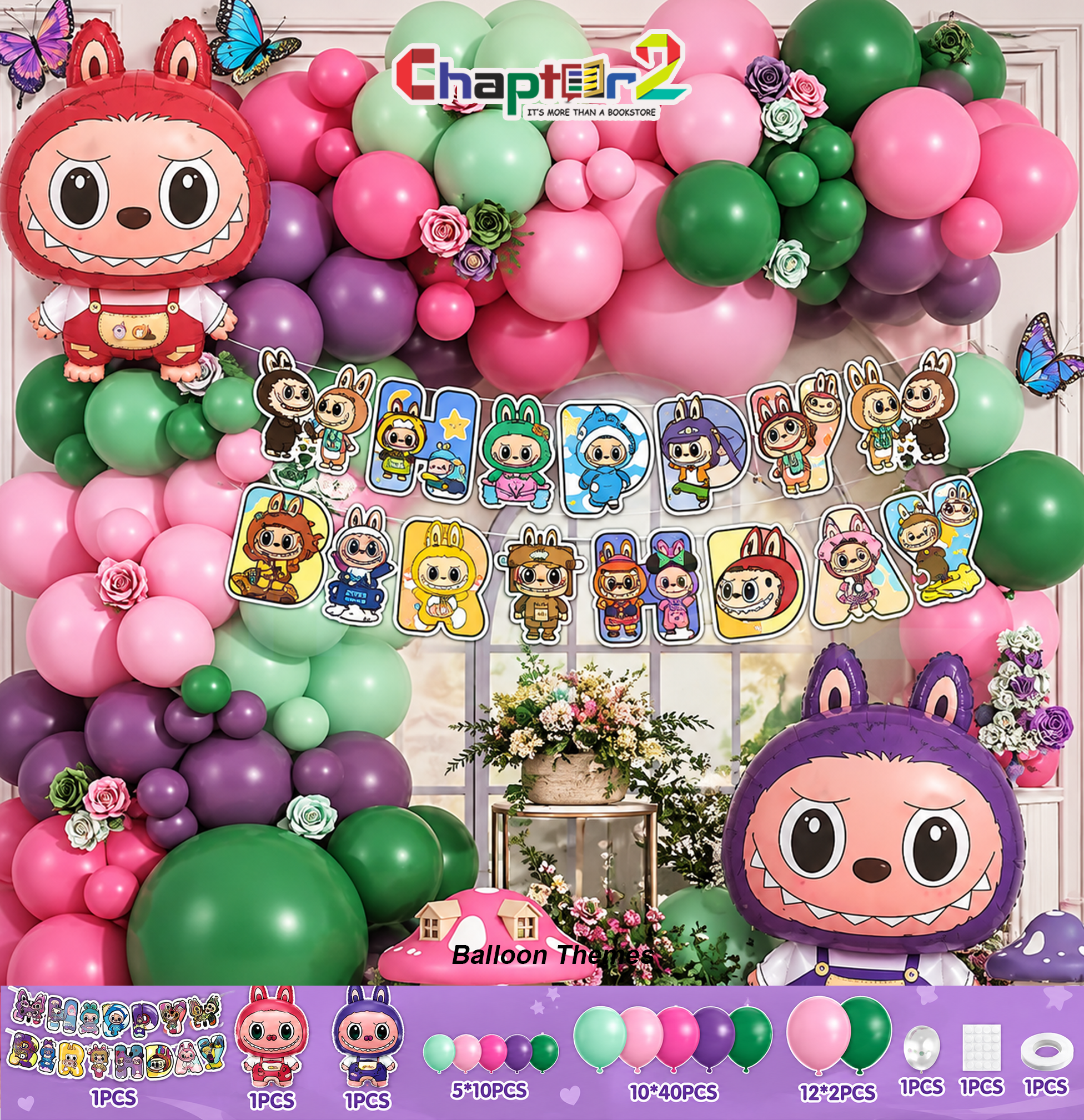 5402002 Labubu theme balloon arch birthday party decoration kit with red and purple monster character foil balloons, cardstock banner, and pastel balloons