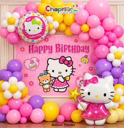 Hello Kitty balloon arch decoration kit with fairy wand Hello Kitty foil balloon, round foil, and pink backdrop