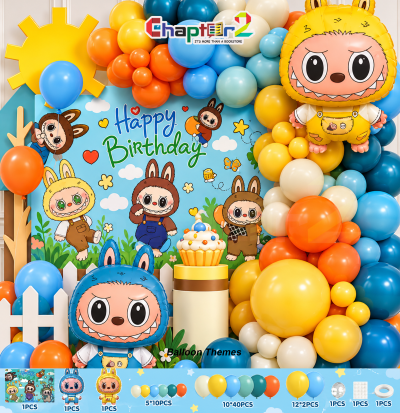 Labubu theme balloon arch birthday party decoration kit with yellow and blue monster character foil balloons, meadow backdrop, and colorful balloons