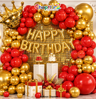 Crown red and gold balloon arch birthday decoration kit with gold crown foil balloon and Happy Birthday banner
