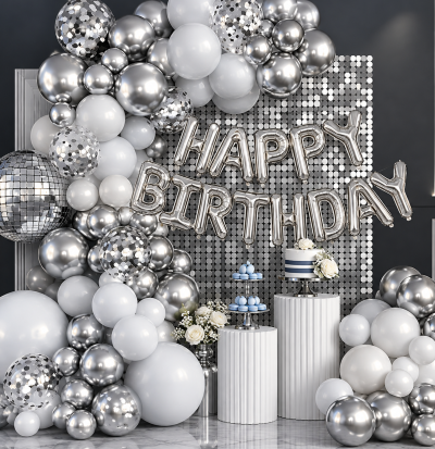 Disco theme balloon arch birthday decoration kit with 4D disco ball foil balloon, silver letters, and silver confetti balloons