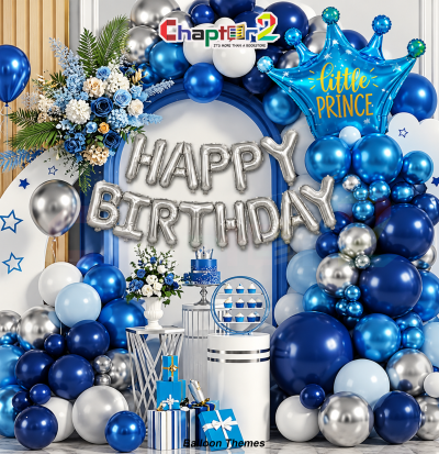 Create a majestic celebration with this little prince balloon arch kit, featuring a metallic blue crown foil balloon inscribed with "Little Prince", silver Happy Birthday letter balloons, and royal blue, navy, silver, and white latex balloons.