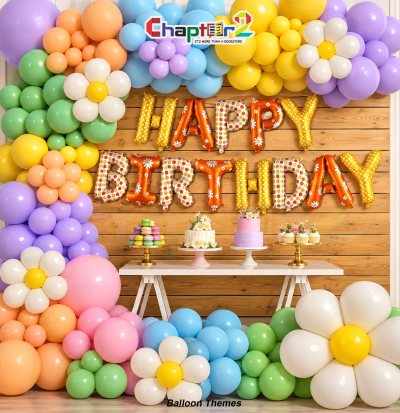 Daisy flower balloon arch birthday decoration kit with white flower foil balloons, patterned Happy Birthday banner, and pastel balloons