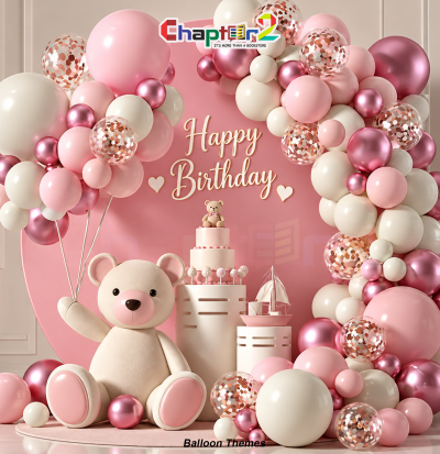 Teddy bear balloon garland birthday arch kit with pastel pink, chrome mauve, and confetti balloons