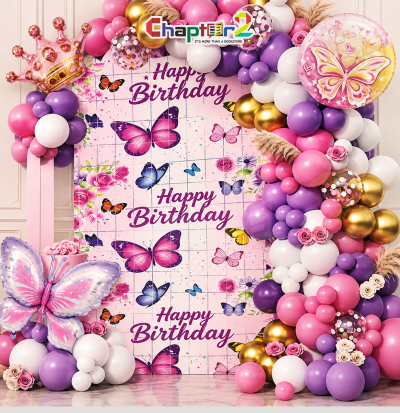 Butterfly theme balloon arch birthday party decoration kit with iridescent butterfly foil balloon, pink crown foil, backdrop, and balloons