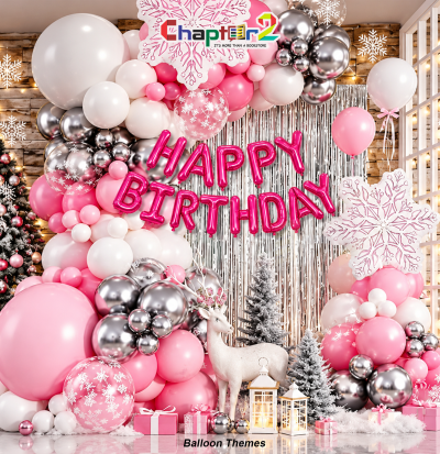 Snowflake balloon garland arch kit with large white snowflake foil balloon and pink Happy Birthday letters