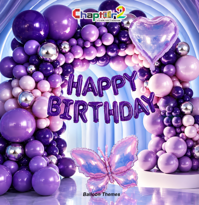 Purple butterfly balloon garland arch kit with iridescent butterfly foil and purple Happy Birthday balloons