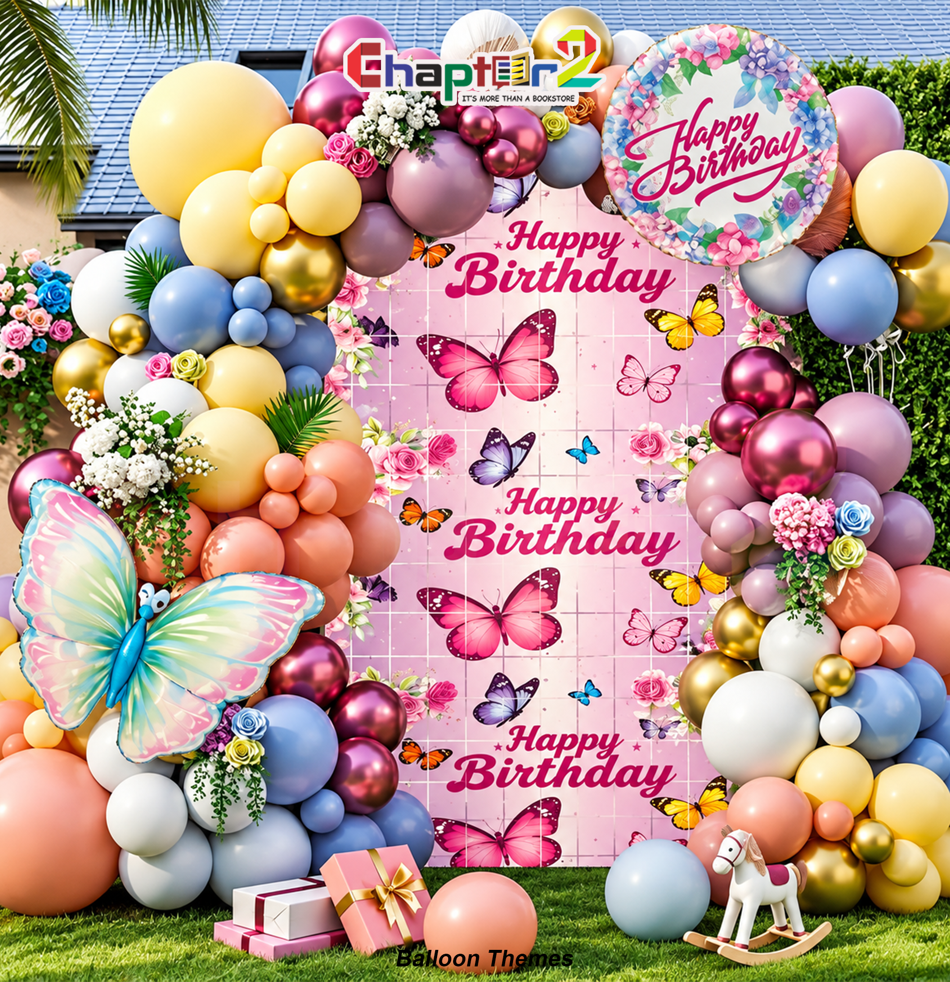 5402029a Butterfly birthday balloon arch kit with iridescent butterfly foil balloon and floral backdrop