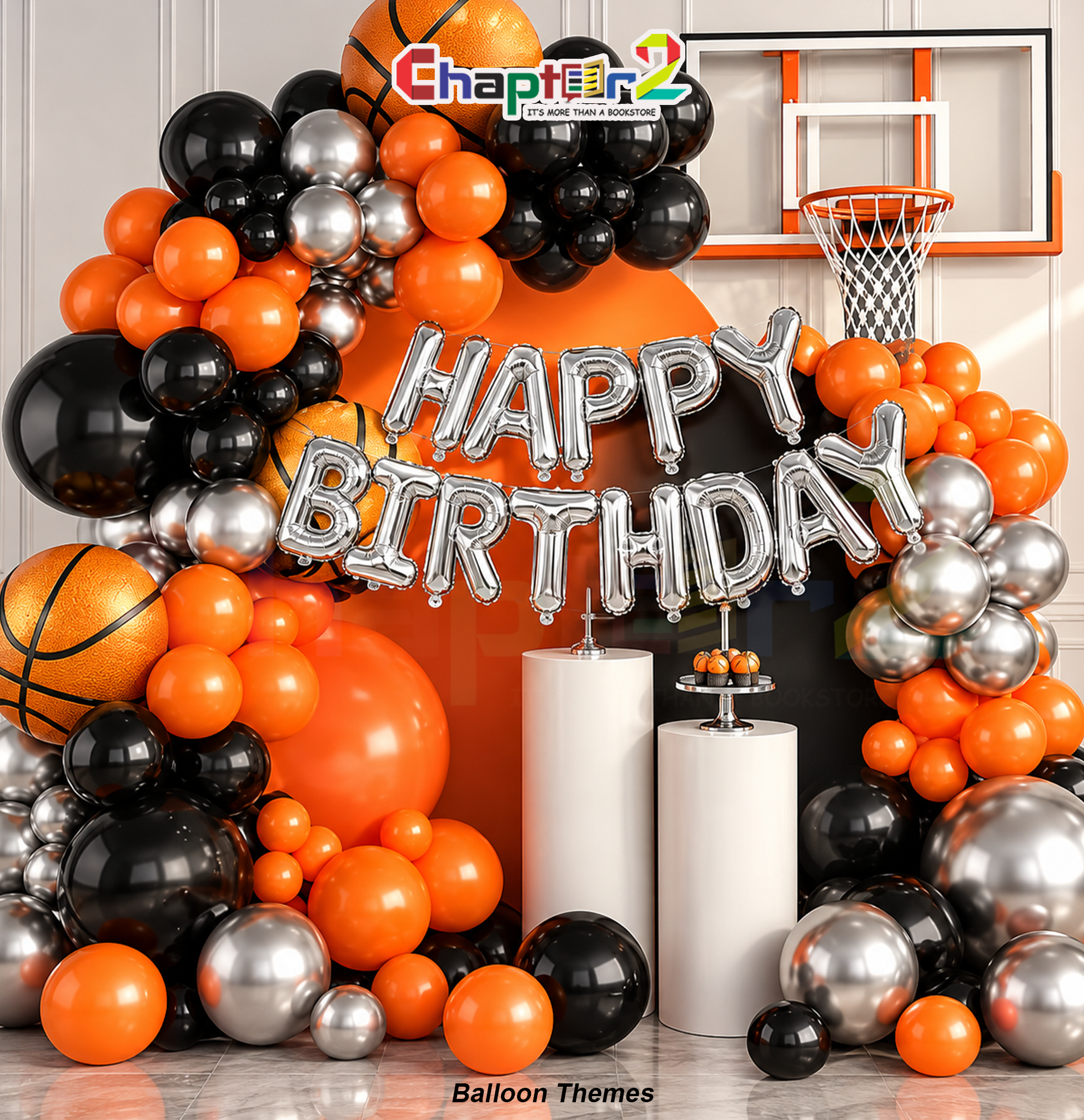5402031a Basketball balloon arch kit with orange and black balloons, silver Happy Birthday letters, and basketball foils
