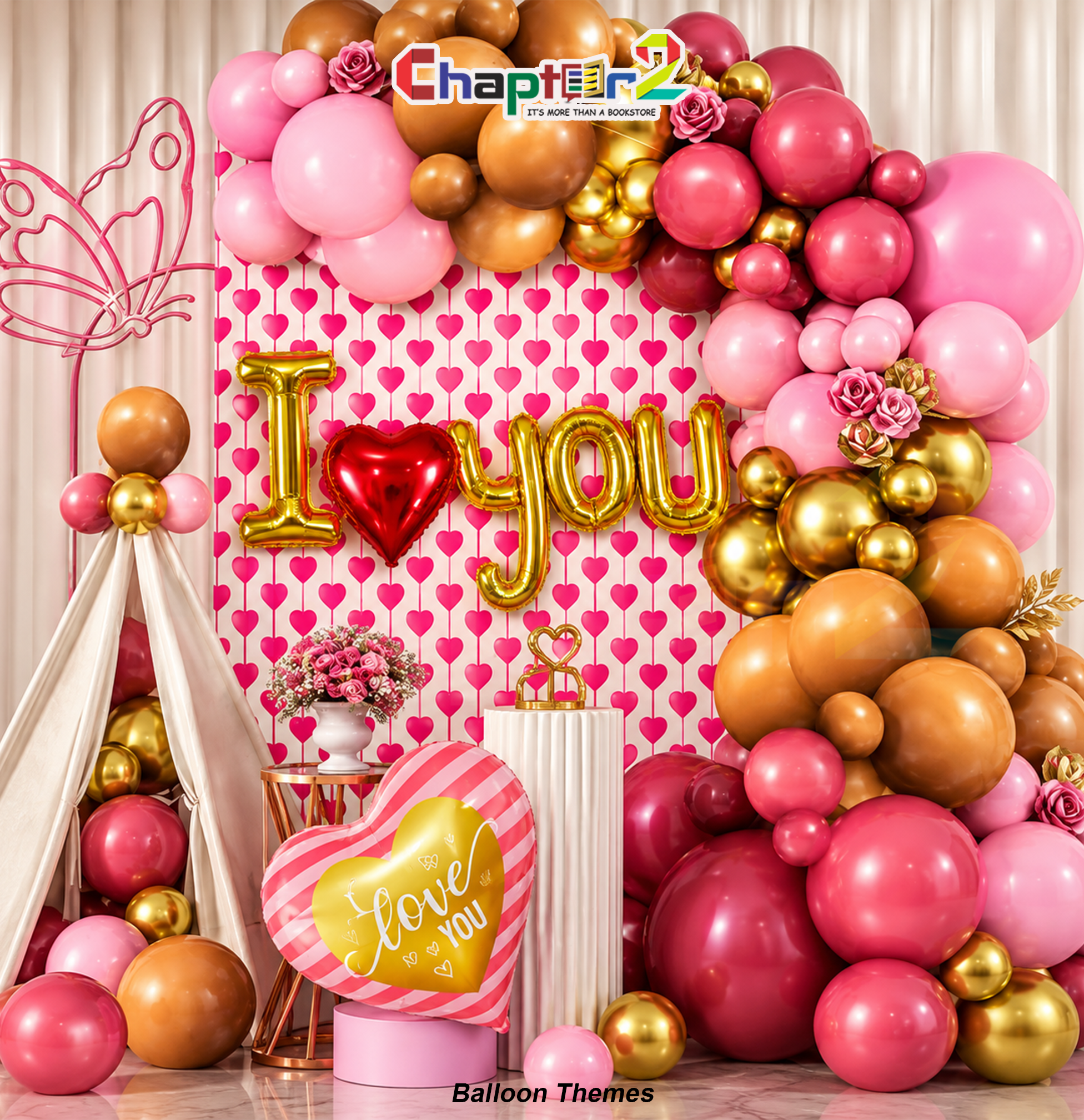 5402032(1a) I love you balloon arch kit with pink heart backdrop and striped Love You foil balloon