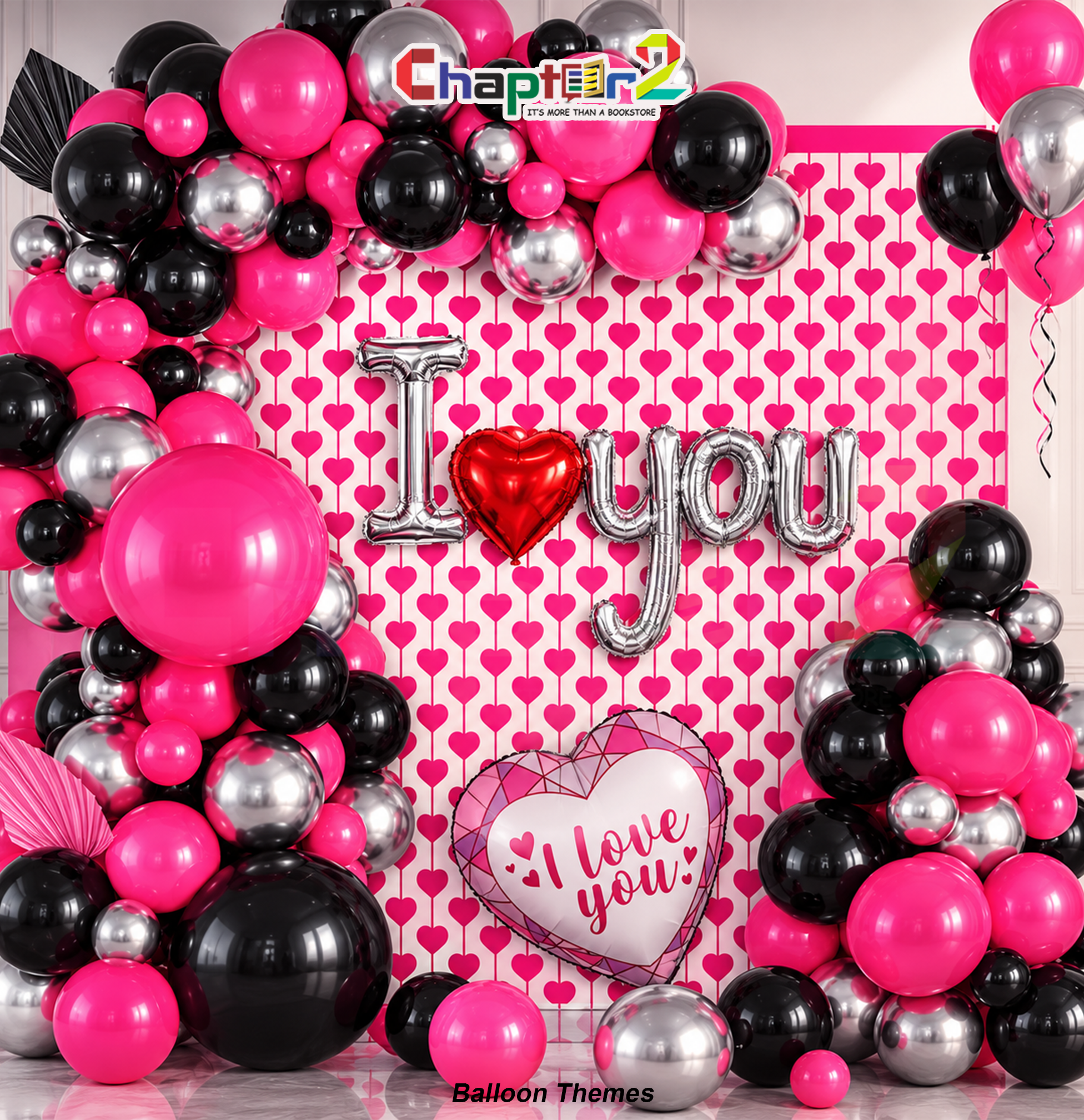 5402033(1a) I love you balloon garland arch setup with pink heart backdrop and silver letter balloons