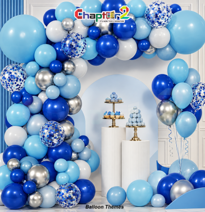Blue and silver balloon arch decoration kit with royal blue, light blue, silver chrome, and blue confetti balloons