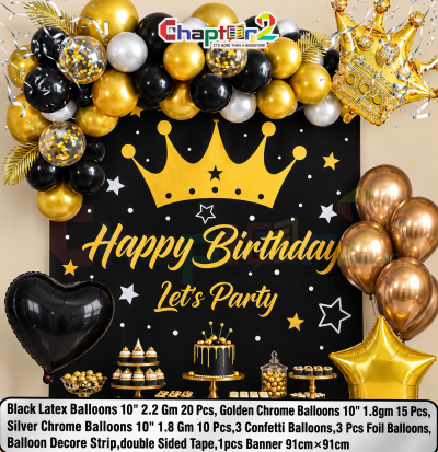 Crown theme birthday balloon decoration set with black gold chrome balloons, giant royal crown foil, and Happy Birthday backdrop banner