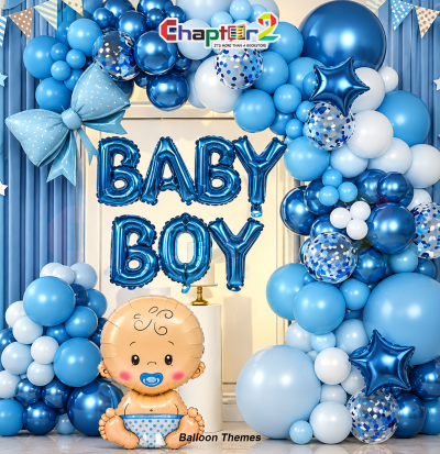Baby boy theme balloon arch shower decoration kit with sitting baby foil balloon, polka dot bow, and blue letters