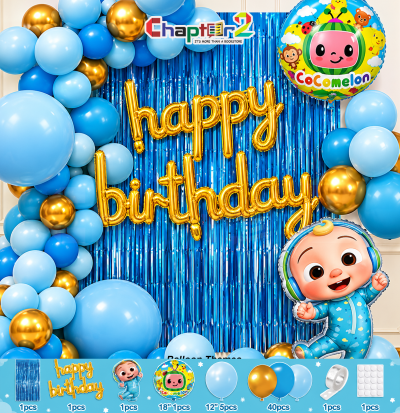 Cocomelon theme balloon arch birthday party decoration kit with JJ character foil balloon, round watermelon foil, cursive gold banner, and blue fringe
