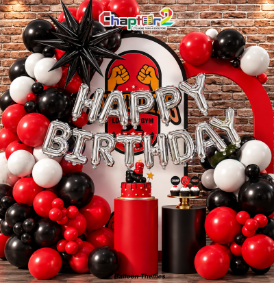 Boxing balloon garland arch kit with black starburst foil balloon and silver Happy Birthday letters