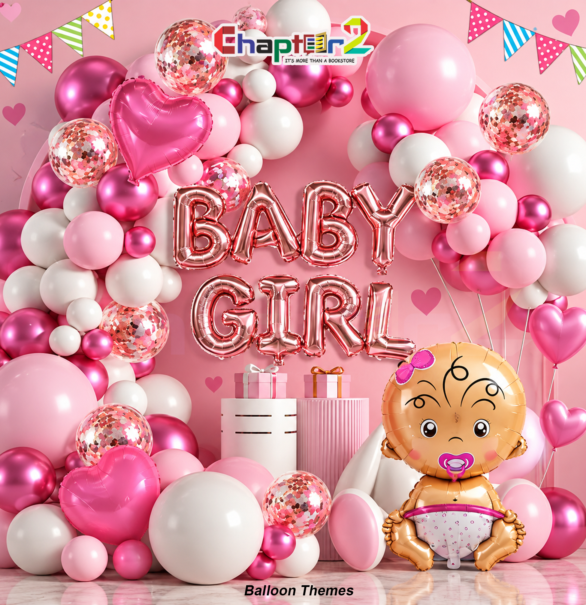 5402044A Baby shower balloon garland arch kit with cute baby girl character and pink heart foil balloons
